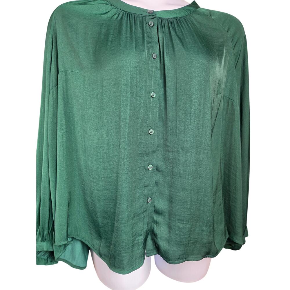 A New Day Women XXL Forest Green Satin Blouse Button Front Long Sleeve